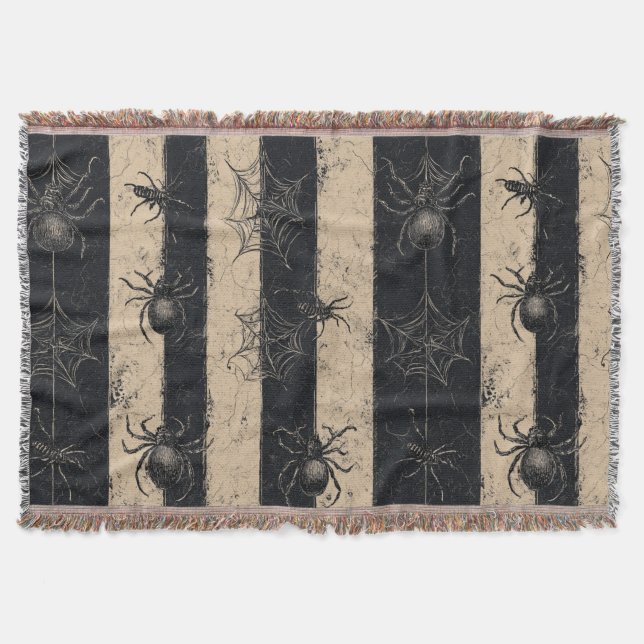 Gothic Spider and Web Striped Halloween Pattern Throw Blanket (Front)