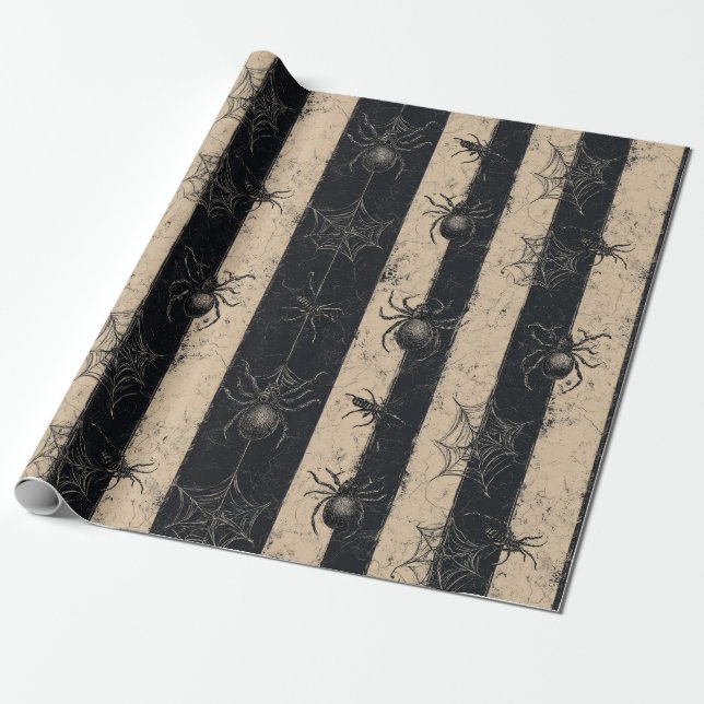 Gothic Spider and Web Striped Halloween Pattern Wrapping Paper (Unrolled)