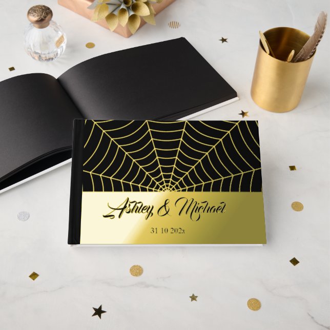 Gothic spider web Custom Wedding black gold foil Guest Book (Front Open)