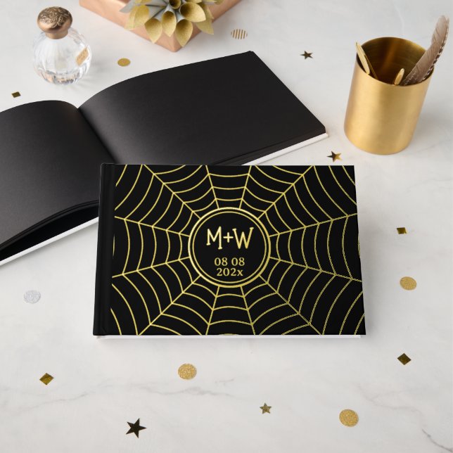 Gothic spider web Monogram Wedding black gold foil Guest Book (Front Open)