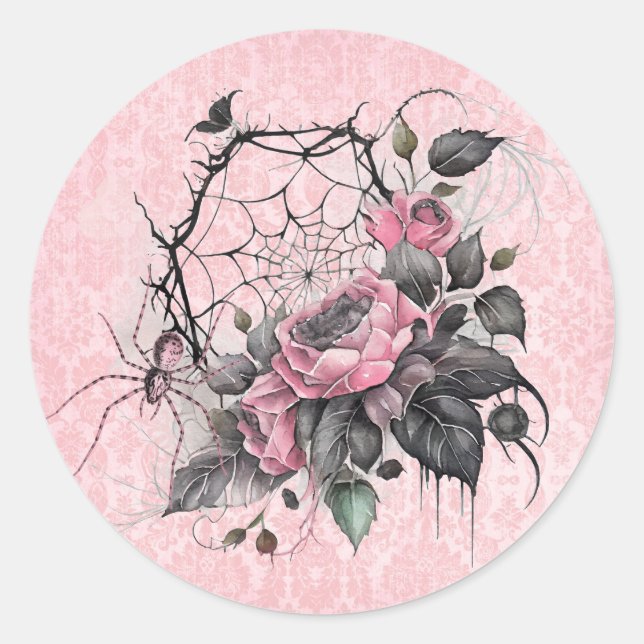 Gothic Spider Web with Roses | Pink Halloween Classic Round Sticker (Front)