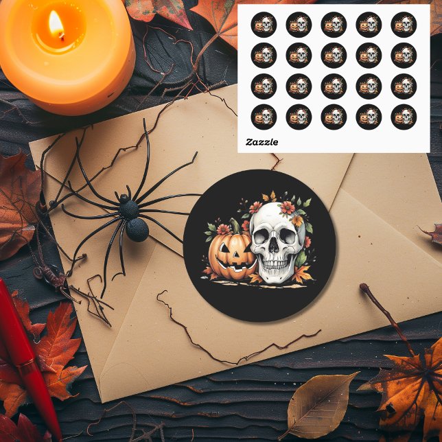 Gothic Spooky Skull and Pumpkin  Classic Round Sticker (Creator Uploaded)