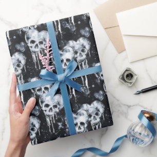 Gothic Spooky Skulls with Hearts Wrapping Paper