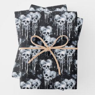 Gothic Spooky Skulls with Hearts Wrapping Paper Sheet