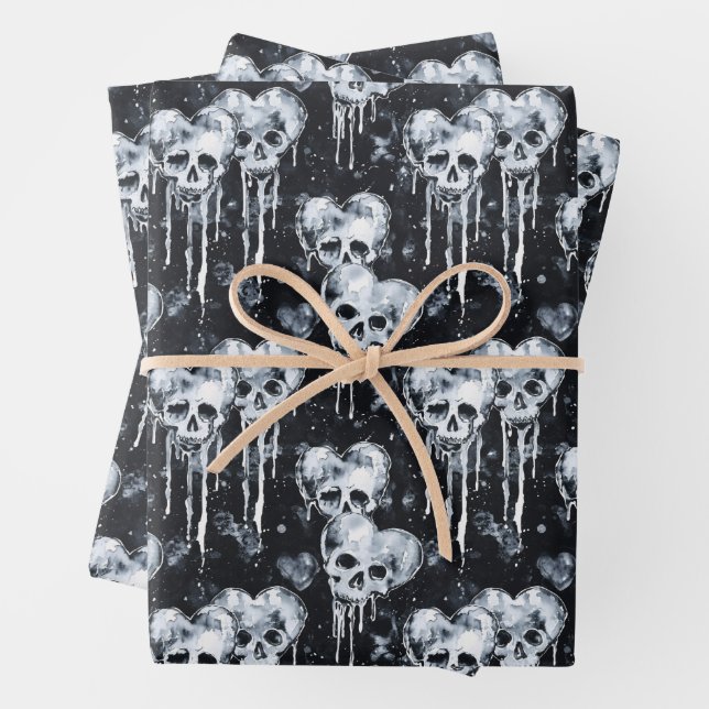Gothic Spooky Skulls with Hearts Wrapping Paper Sheet (In situ)