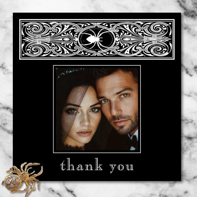 Gothic Spooky Spider Black White Wedding Photo Thank You Card (Gothic Spooky Spider Black White Wedding Photo Thank You Card)