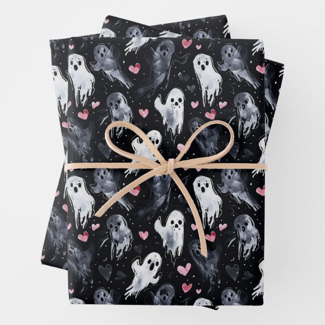Gothic Spooky Valentine Ghosts with Hearts Wrapping Paper Sheet (In situ)
