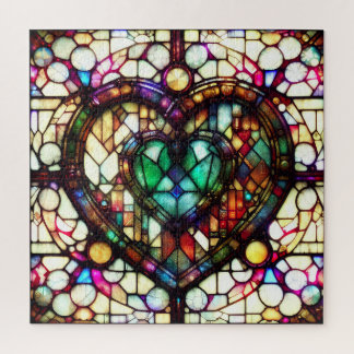 Gothic stained glass heart jigsaw puzzle