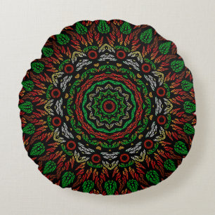 Gothic Stained Glass Leaves Mandala Pattern  Round Cushion