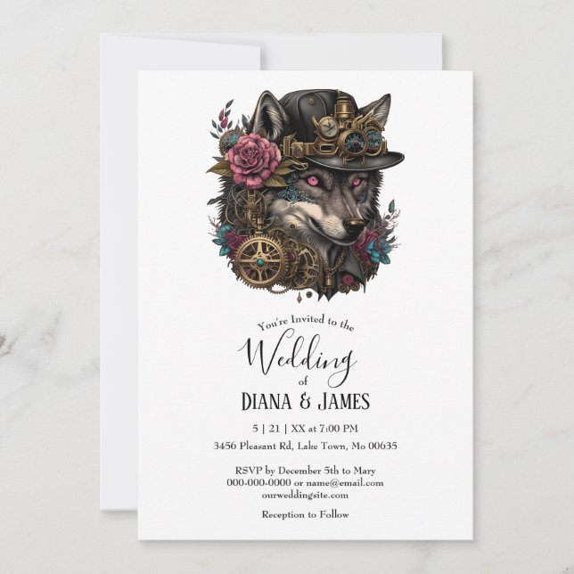 Gothic Steampumk Wolf Pink Floral Wedding Invitation (Front)