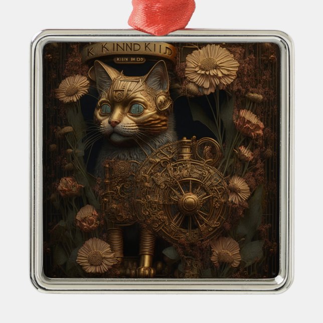 Gothic Steampunk Gold Cat Metal Ornament (Front)