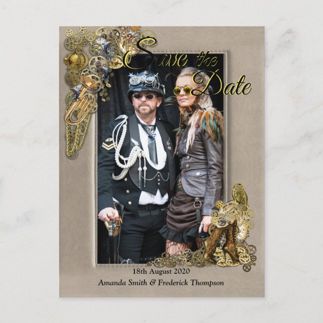 Gothic - Steampunk Leather Frame Save the Date Announcement Postcard (Front)