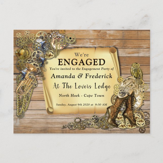 Gothic - Steampunk  on Wood Engagement Invitation Postcard (Front)