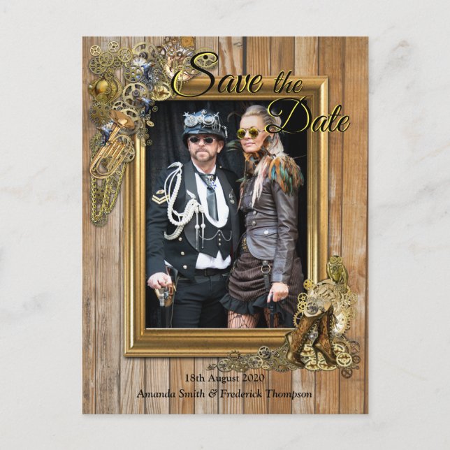 Gothic - Steampunk On Wood Save the Date Announcement Postcard (Front)