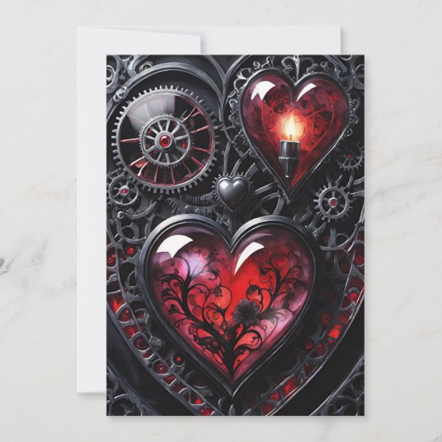 Gothic Steampunk Valentine Red & Black Gear Hearts Holiday Card (Front)