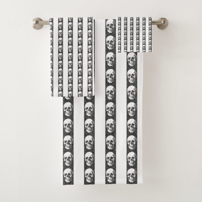 Gothic striped pattern with skulls bath towel set (Insitu)