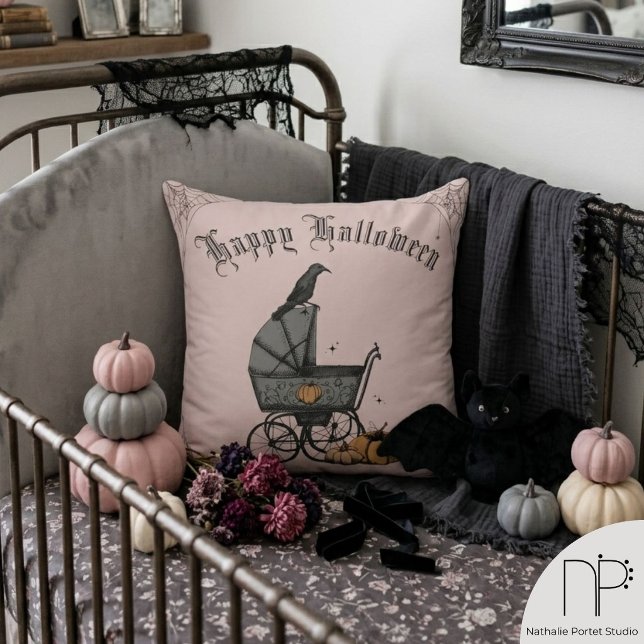 Gothic Stroller Happy Halloween Throw Pillow (Gothic Halloween throw pillow, hand-drawn ink art, blush pink, personalized festive home decor)