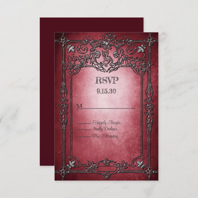Gothic Style Dark Burgundy Silver Frame Wedding RSVP Card (Front/Back)