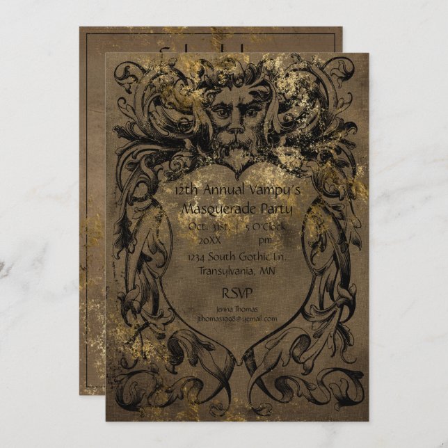 Gothic Style Gold Foil Halloween Party Invitation (Front/Back)