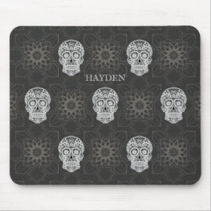 Gothic Sugar Skull and Grey Geometric Pattern Mouse Pad