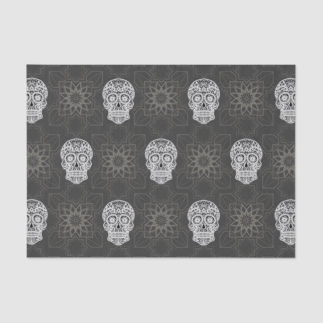 Gothic Sugar Skull and Grey Geometric Pattern Tissue Paper (Front)