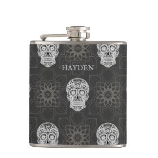 Gothic Sugar Skull and Grey Geometric Personalised Hip Flask