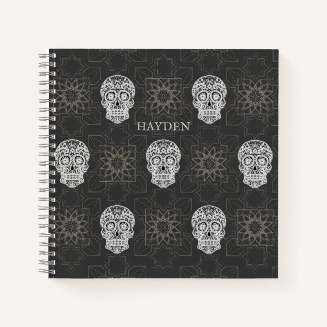Gothic Sugar Skull and Grey Geometric Personalised Notebook (Front)
