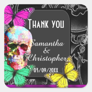 Gothic sugar skull black wedding  thank you square sticker