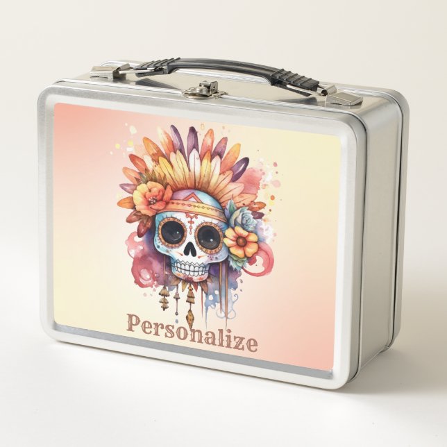 Gothic Sugar Skull Colourful Personalised Metal Lunch Box (Front)
