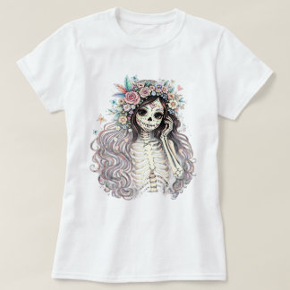 Gothic Sugar Skull Girl Floral Crown T-Shirt