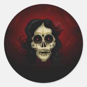 Gothic Sugar Skull Woman Red Rose Day of the Dead Classic Round Sticker