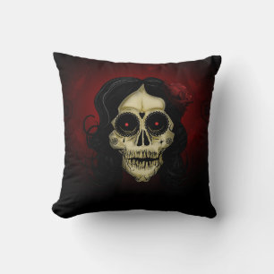 Gothic Sugar Skull Woman Red Rose Day of the Dead Cushion