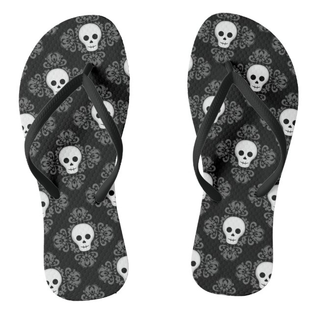 Gothic summer skull damask Halloween adorable Thongs (Footbed)