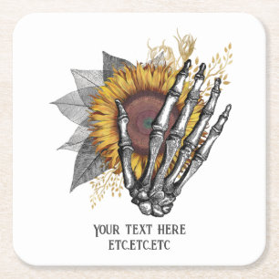 Gothic Sunflower Skeleton Square Paper Coaster