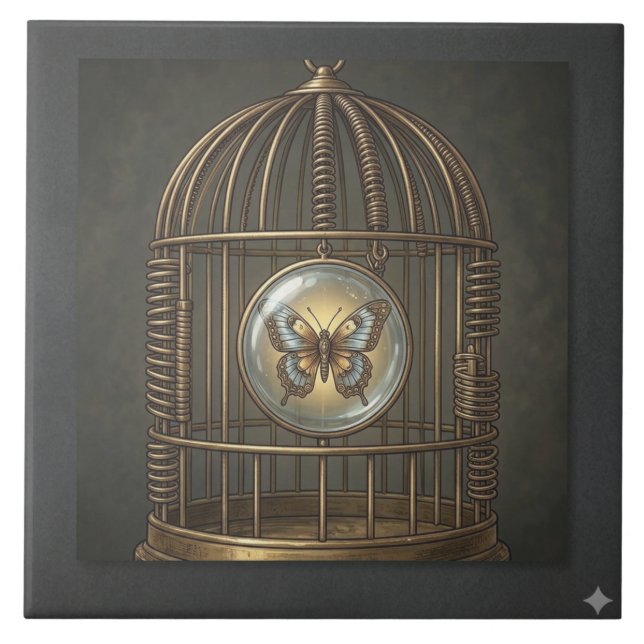 Gothic Surrealism Butterfly Birdcage Fine Art  Ceramic Tile (Front)
