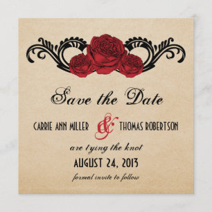 Gothic Swirl Roses Save the Date Invite, Red