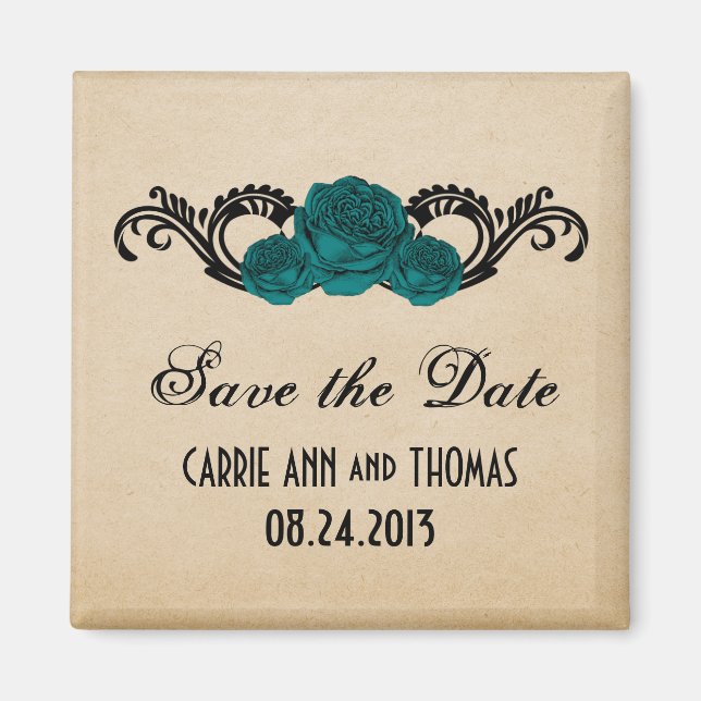 Gothic Swirl Roses Save the Date Magnet, Teal Magnet (Front)