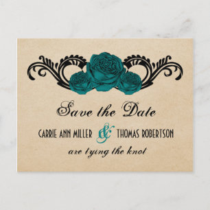 Gothic Swirl Roses Save the Date Postcard, Teal Announcement Postcard