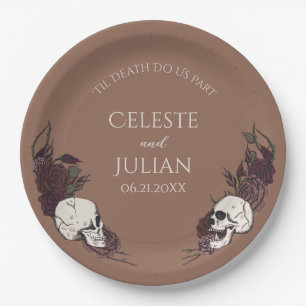Gothic Tan Brown Floral Skull Wedding Paper Plate