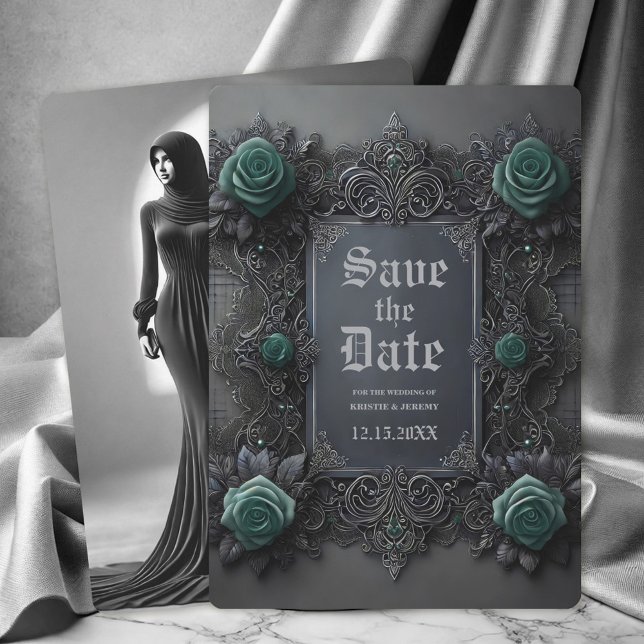 Gothic Teal Blue Grey Floral Photo Save the Date (Gothic Teal Blue Roses on Dark Gray with Back Photo Wedding Save the Date Announcement.)