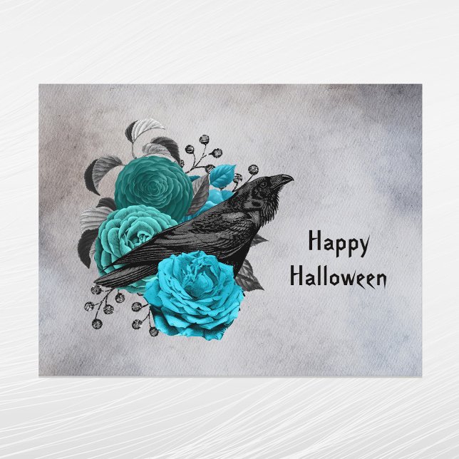 Gothic Teal Floral Crow Halloween Holiday Postcard (Creator Uploaded)
