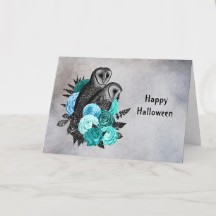 Gothic Teal Floral Owls Halloween Card