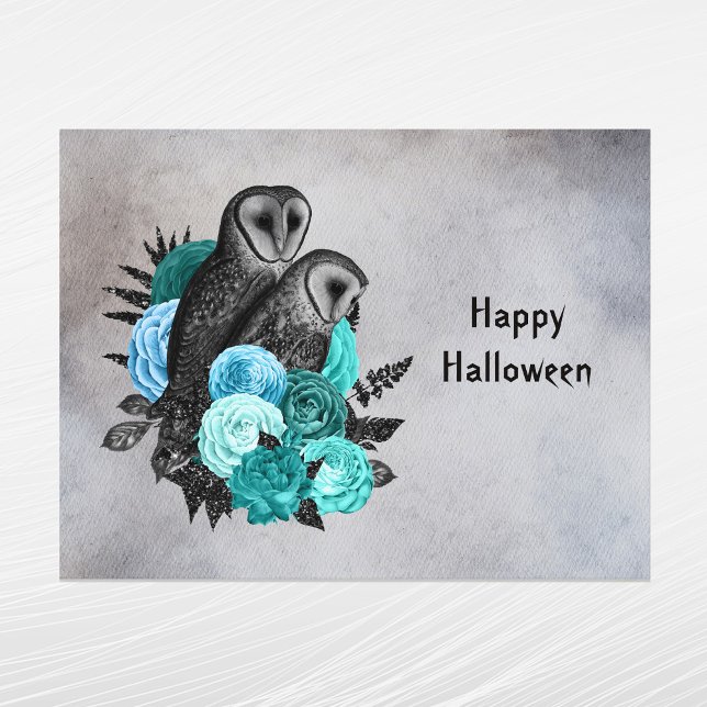 Gothic Teal Floral Owls Halloween Holiday Postcard (Creator Uploaded)