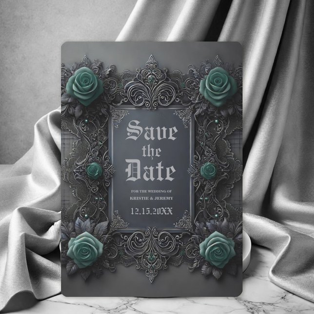 Gothic Teal Grey Floral Wedding Save the Date (Creator Uploaded)