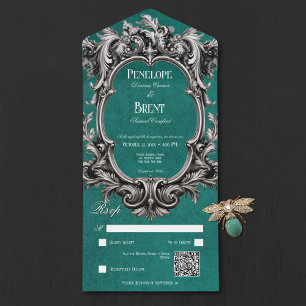 Gothic Teal Moody Victorian Frame QR Code All In One Invitation