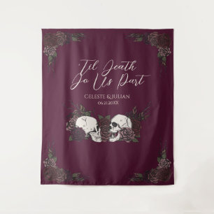 Gothic Til Death Burgundy Floral Skull Tapestry