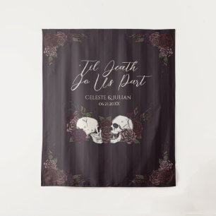 Gothic Til Death Burgundy Floral Skull Tapestry