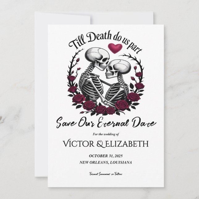 Gothic Till Death Do Us Part Skeleton Rose Wedding Save The Date (Front)