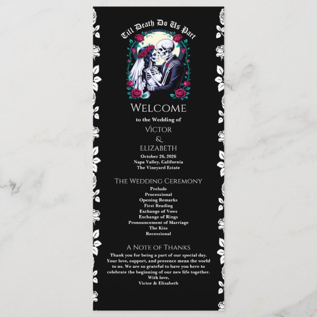 Gothic Till Death Roses Skeleton Black Wedding  Program (Front)