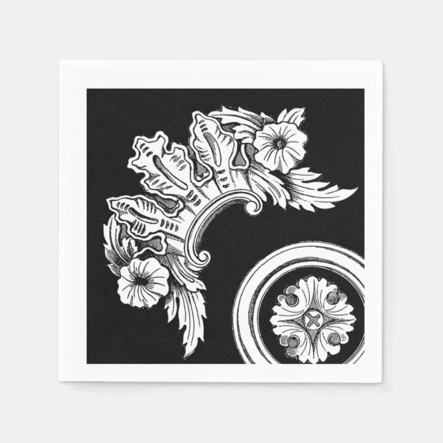 Gothic trim flower medallion antique black white napkin (Front)